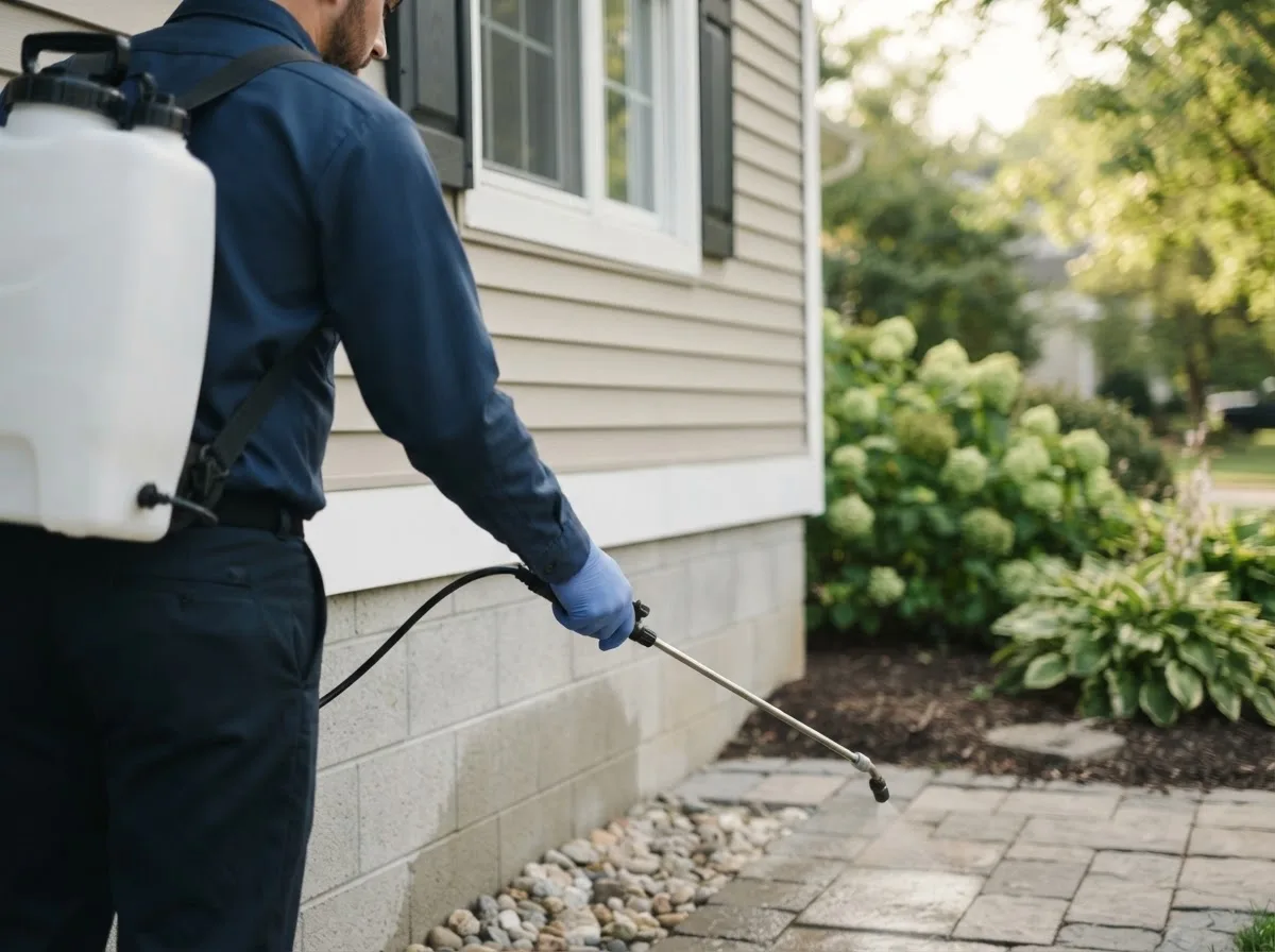 Pest control technician inspecting a home in Madison, ME